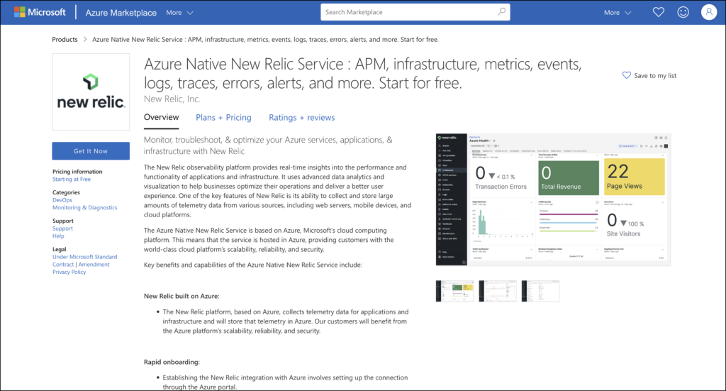 The Azure Native New Relic Service as seen on the Azure portal.