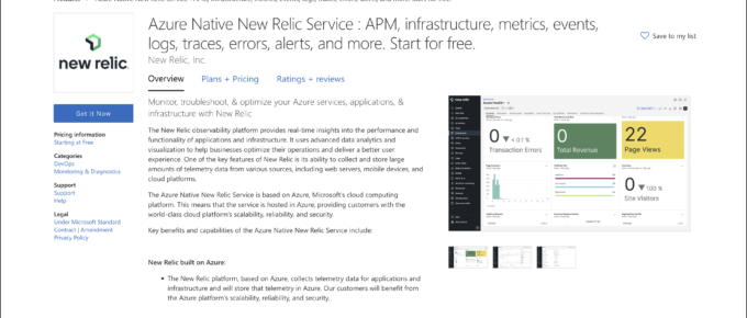 The Native New Relic Service as seen on the Azure portal.