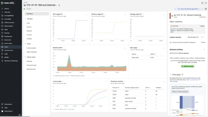 New Relic infrastructure host view showing an Amazon Linux 2023 host