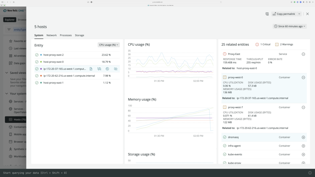 5 hosts, golden signals, and their related entities in the infrastructure monitoring UI