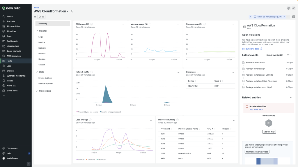 New Relic infrastructure host summary view