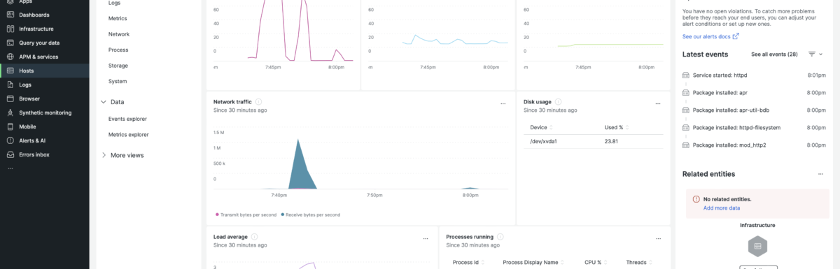 New Relic infrastructure host summary view