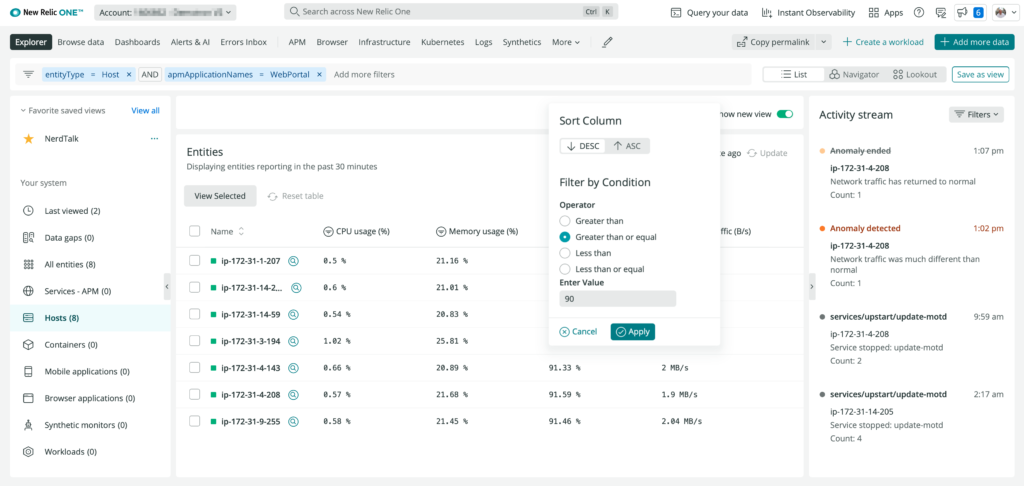 Infrastructure monitoring UI filtering by golden signals